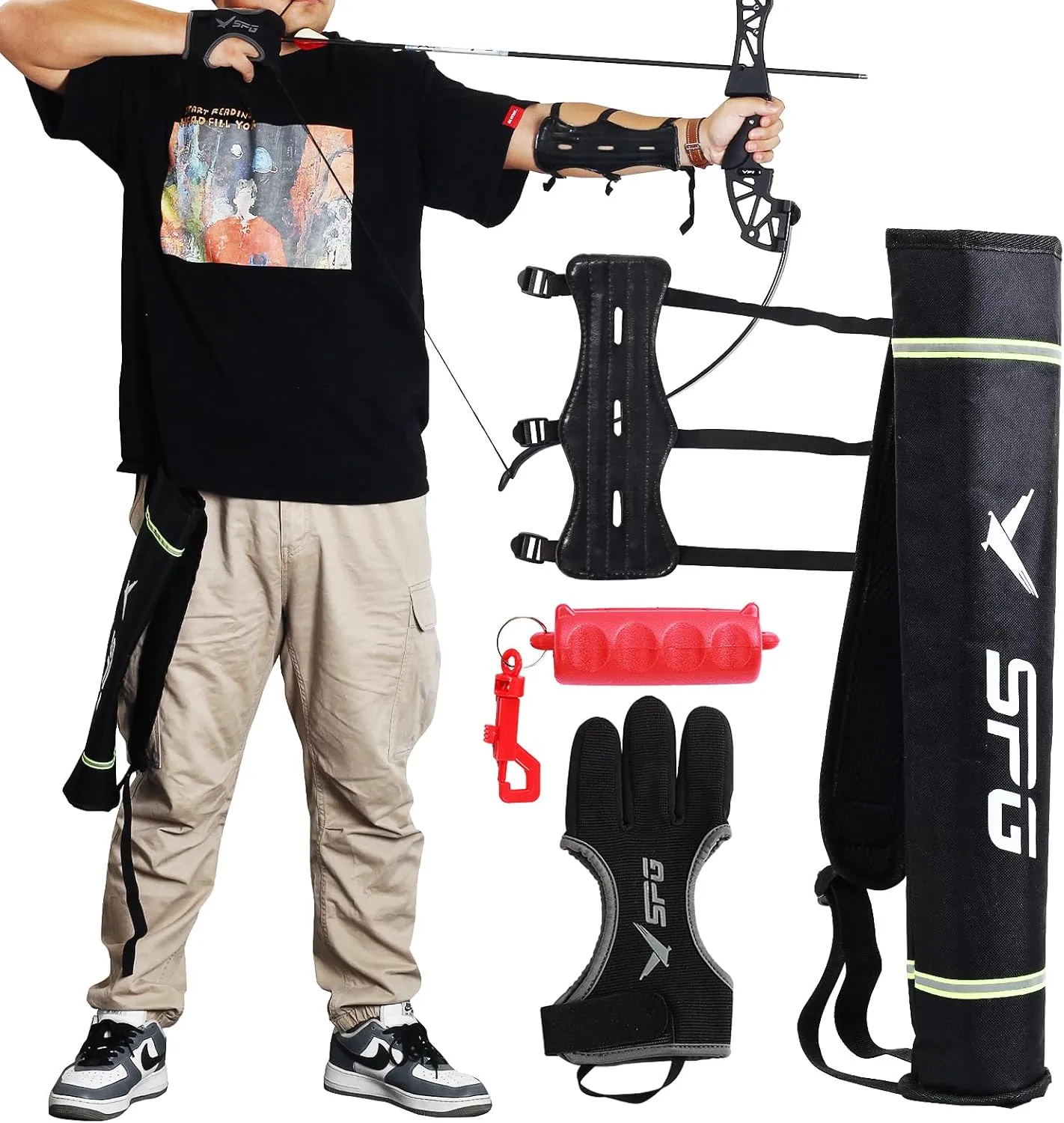 4Pcs Archery Accessories Set - Leather Archery Arm Guard | 3-Finger Archery Gloves | Back Arrow Quiver | Arrow Puller Target Remover - Complete Archery Protective Gear Bundle