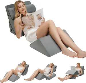 4PCS Orthopedic Wedge Pillow Set for Sleeping, Adjustable Bed Support for Back, Knee, Leg & Lumbar Pain Relief, Acid Reflux, Anti-Snoring & GERD (Grey)
