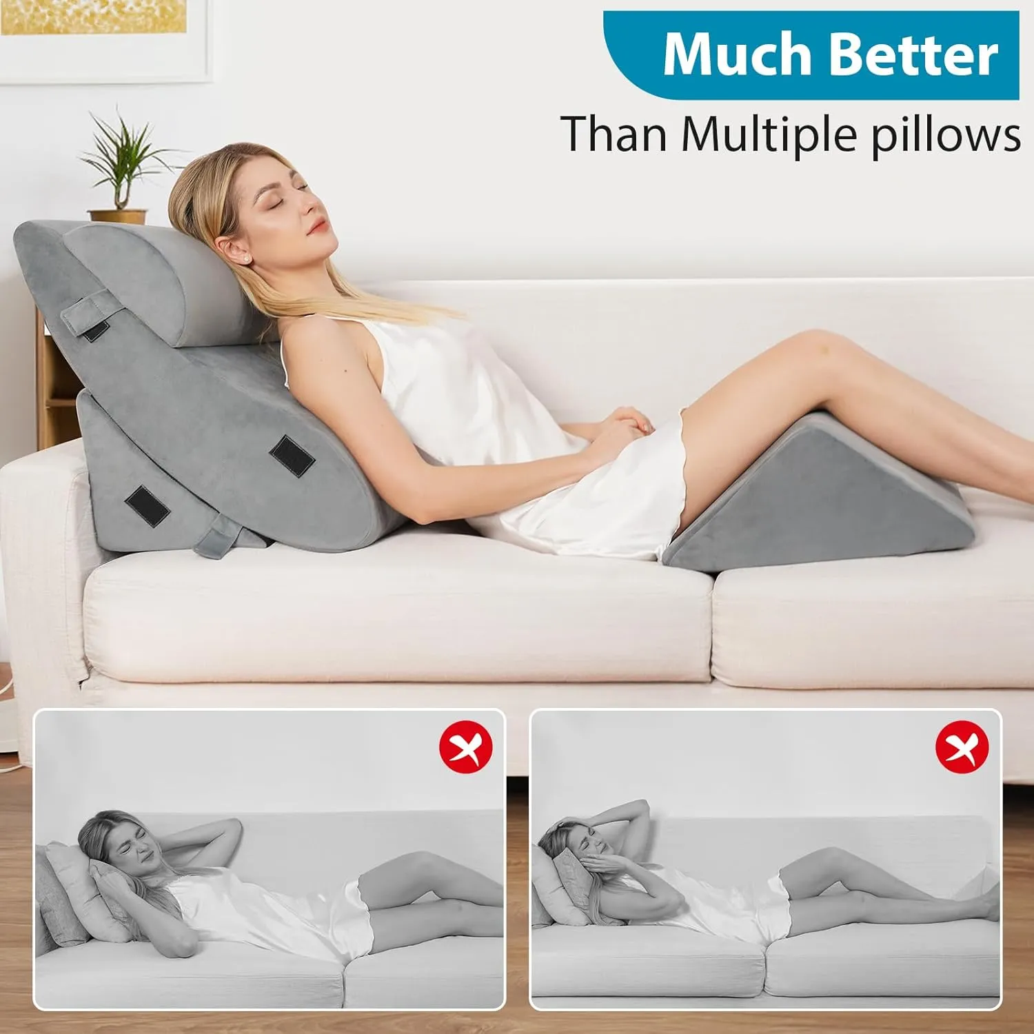 4PCS Orthopedic Wedge Pillow Set for Sleeping, Adjustable Bed Support for Back, Knee, Leg & Lumbar Pain Relief, Acid Reflux, Anti-Snoring & GERD (Grey)