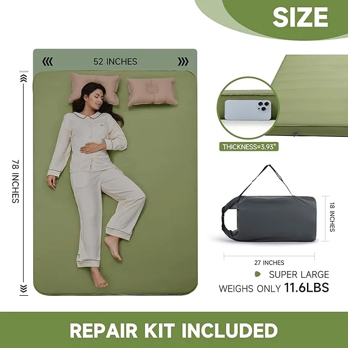 4" Thick Self-Inflating Camping Pad for Camping, Camping Sleeping Pads with Solid Foam, Sleeping Pad with Pump Sack, Compact Double Camping Sleep Bed for Tent, Car, Truck or Van