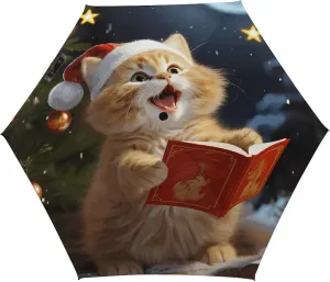 5 Fold Manual Umbrella,Cute Cat Sing Christmas Carols Print Folding Umbrella,Portable Travel Umbrella,Windproof Travel Umbrella with Cover Bag
