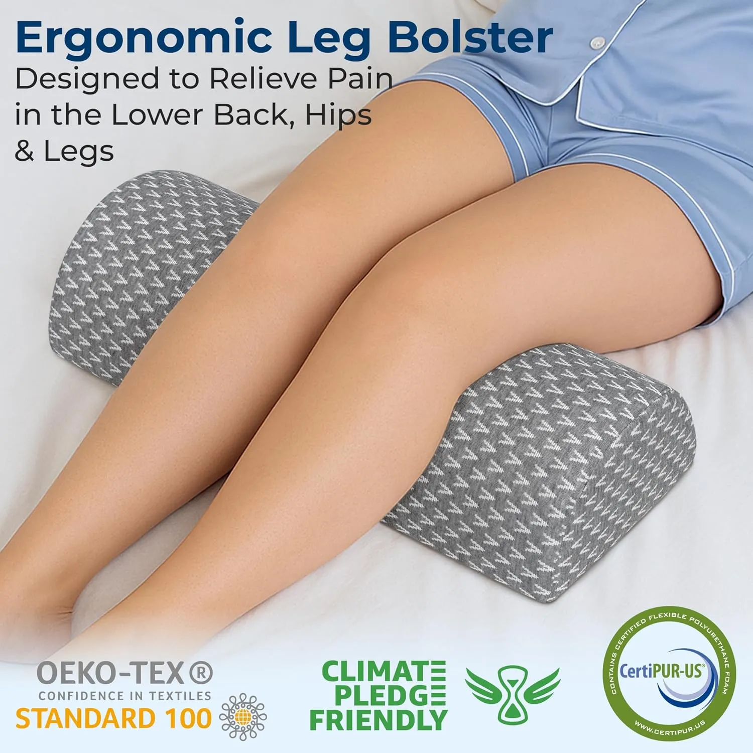 5 STARS UNITED Knee Pillow for Back Sleeping – Memory Foam Cushion for Sciatica Pain Relief – Under Leg Support for Sleeping on Back – Large Half Moon Bolster for Bed, Gray