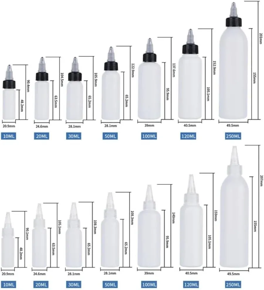 50PCS 10ml-250ml Plastic HDPE Squeeze Bottles with Twist Top Cap Travel Dispensing Containers for Paint Art Craft Liquids Lotion Glue Translucent (20ml-Hair water cover,True color)