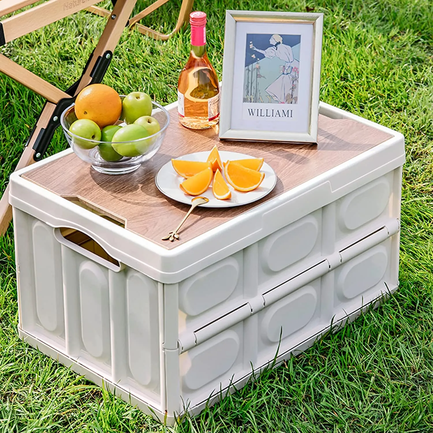 55L Collapsible Storage Bin, Multifunction Folding Storage Box with Wood Lid Perfect for SUV Groceries Camping