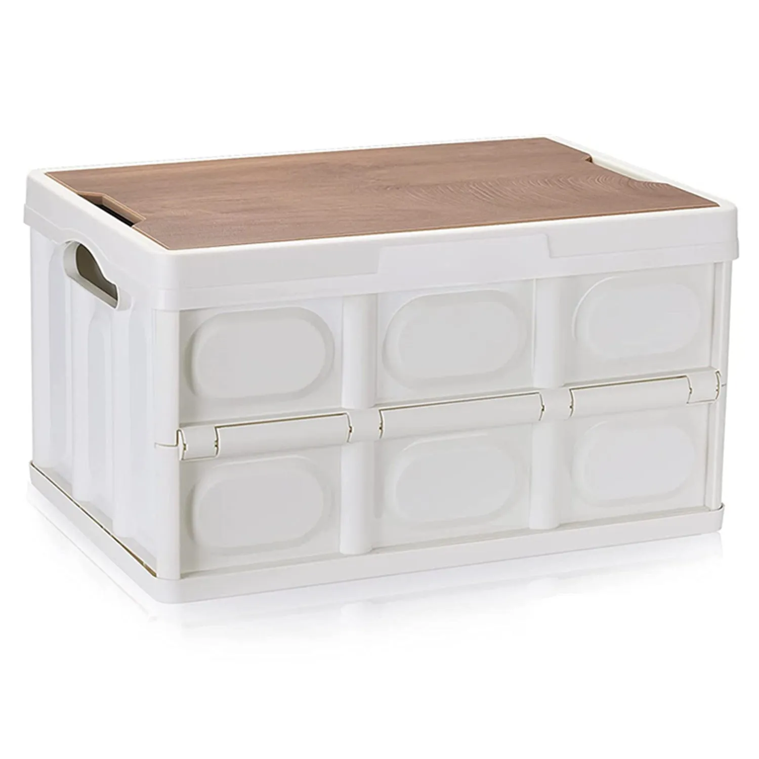 55L Collapsible Storage Bin, Multifunction Folding Storage Box with Wood Lid Perfect for SUV Groceries Camping