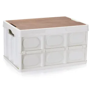 55L Collapsible Storage Bin, Multifunction Folding Storage Box with Wood Lid Perfect for SUV Groceries Camping