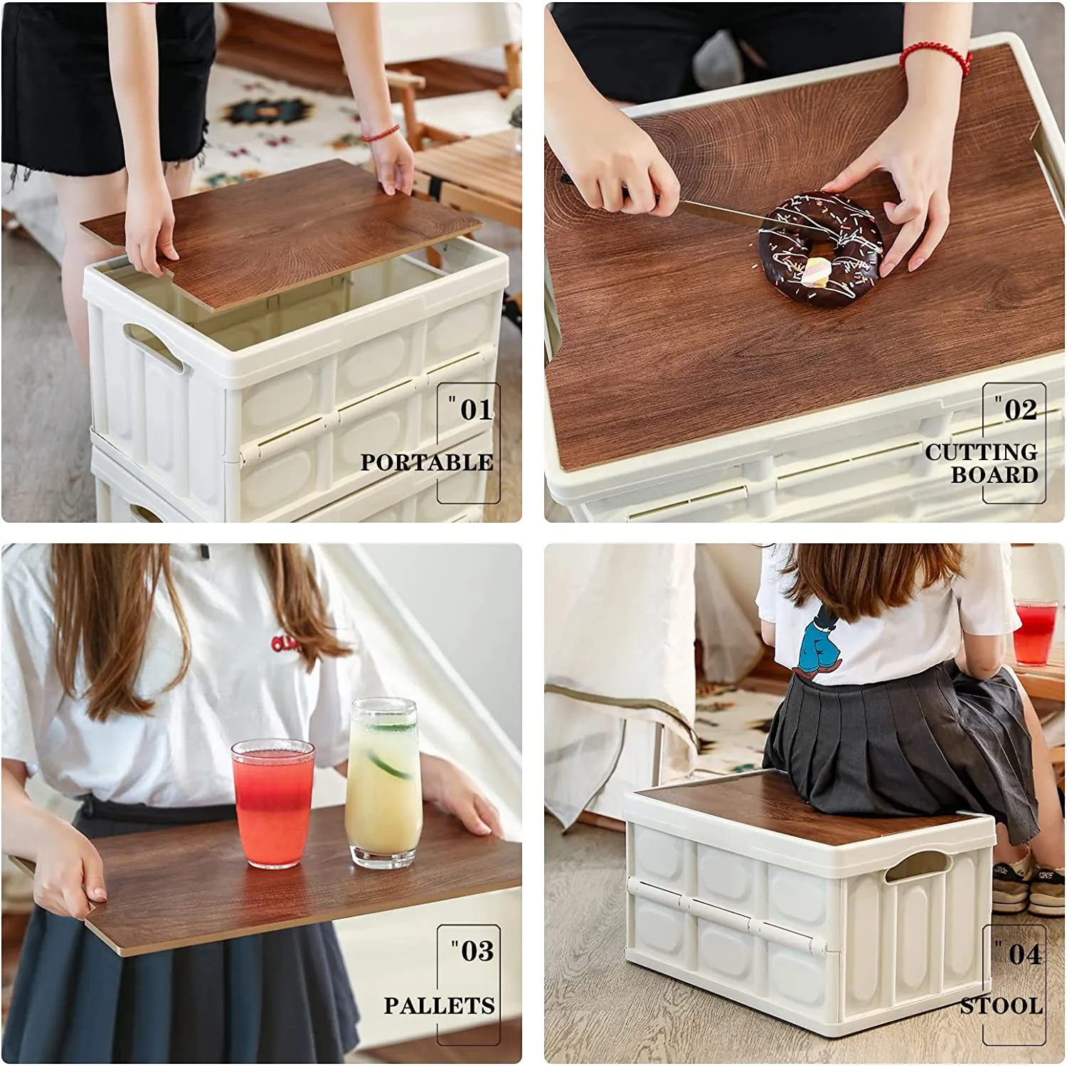 55L Collapsible Storage Bin, Multifunction Folding Storage Box with Wood Lid Perfect for SUV Groceries Camping