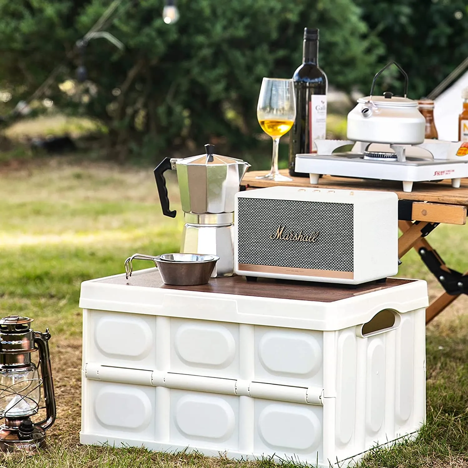 55L Collapsible Storage Bin, Multifunction Folding Storage Box with Wood Lid Perfect for SUV Groceries Camping