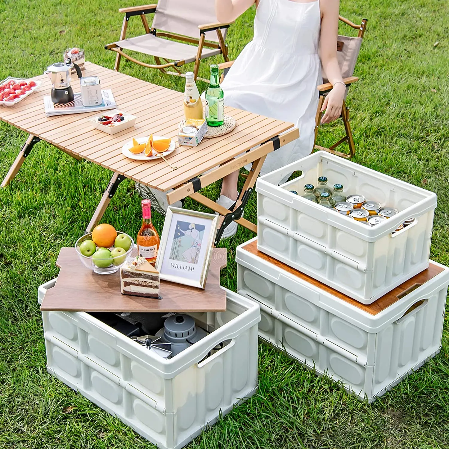 55L Collapsible Storage Bin, Multifunction Folding Storage Box with Wood Lid Perfect for SUV Groceries Camping
