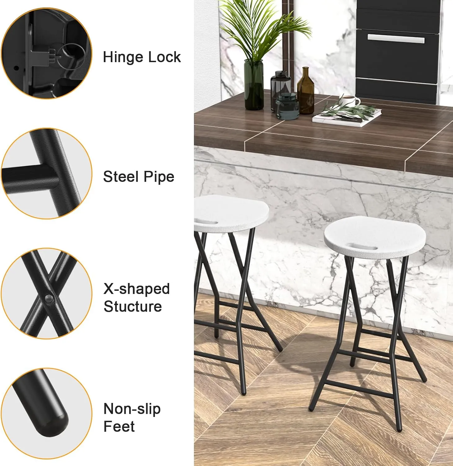 5Rcom Folding Stool, 24 inch Bar Stools with Handle, Metal and Plastic Foldable Stool for Adults Portable, Collapsible Round Folding Bar Stool Chair for Home Kitchen, 550lbs Capacity, White