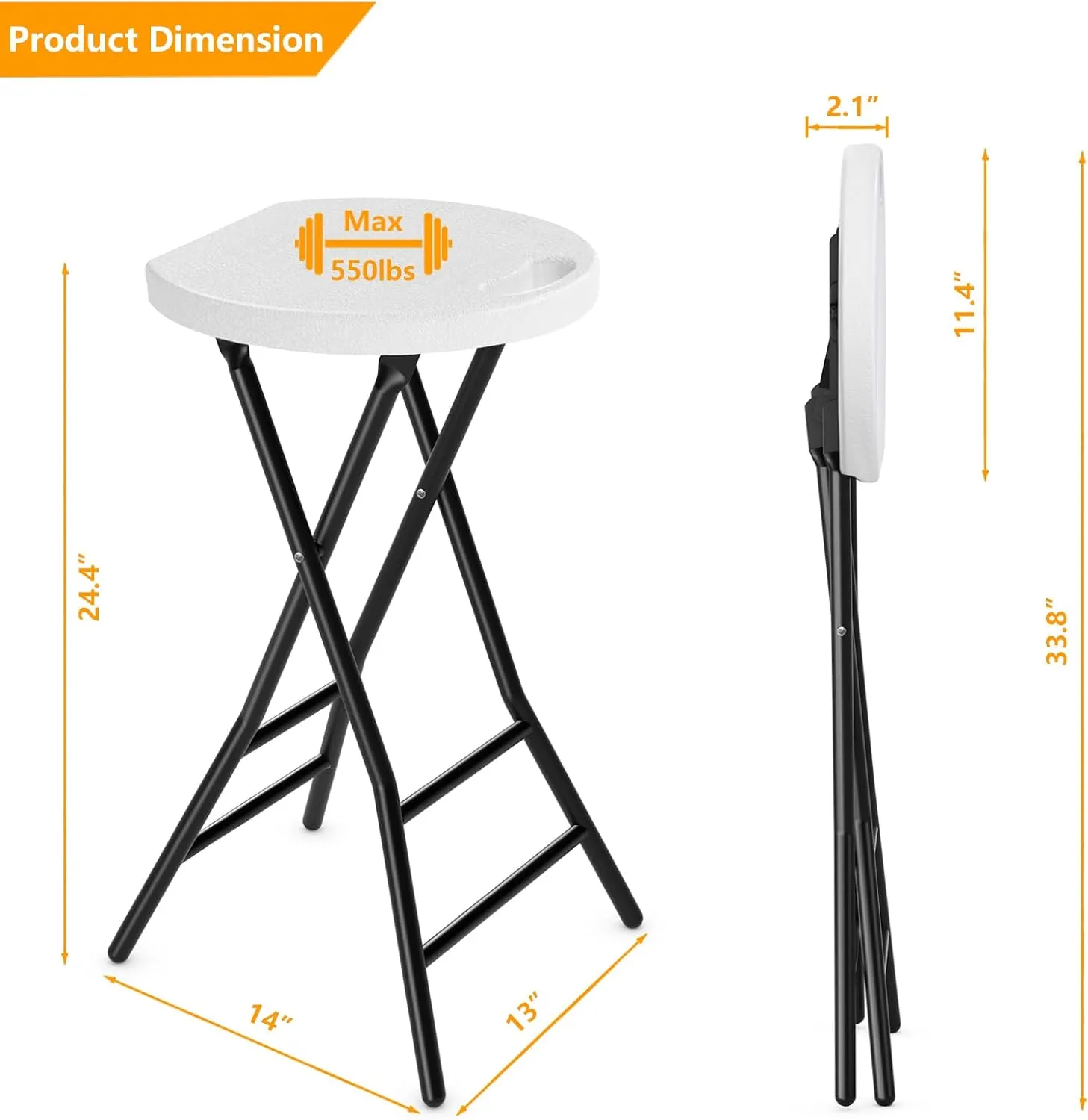 5Rcom Folding Stool, 24 inch Bar Stools with Handle, Metal and Plastic Foldable Stool for Adults Portable, Collapsible Round Folding Bar Stool Chair for Home Kitchen, 550lbs Capacity, White