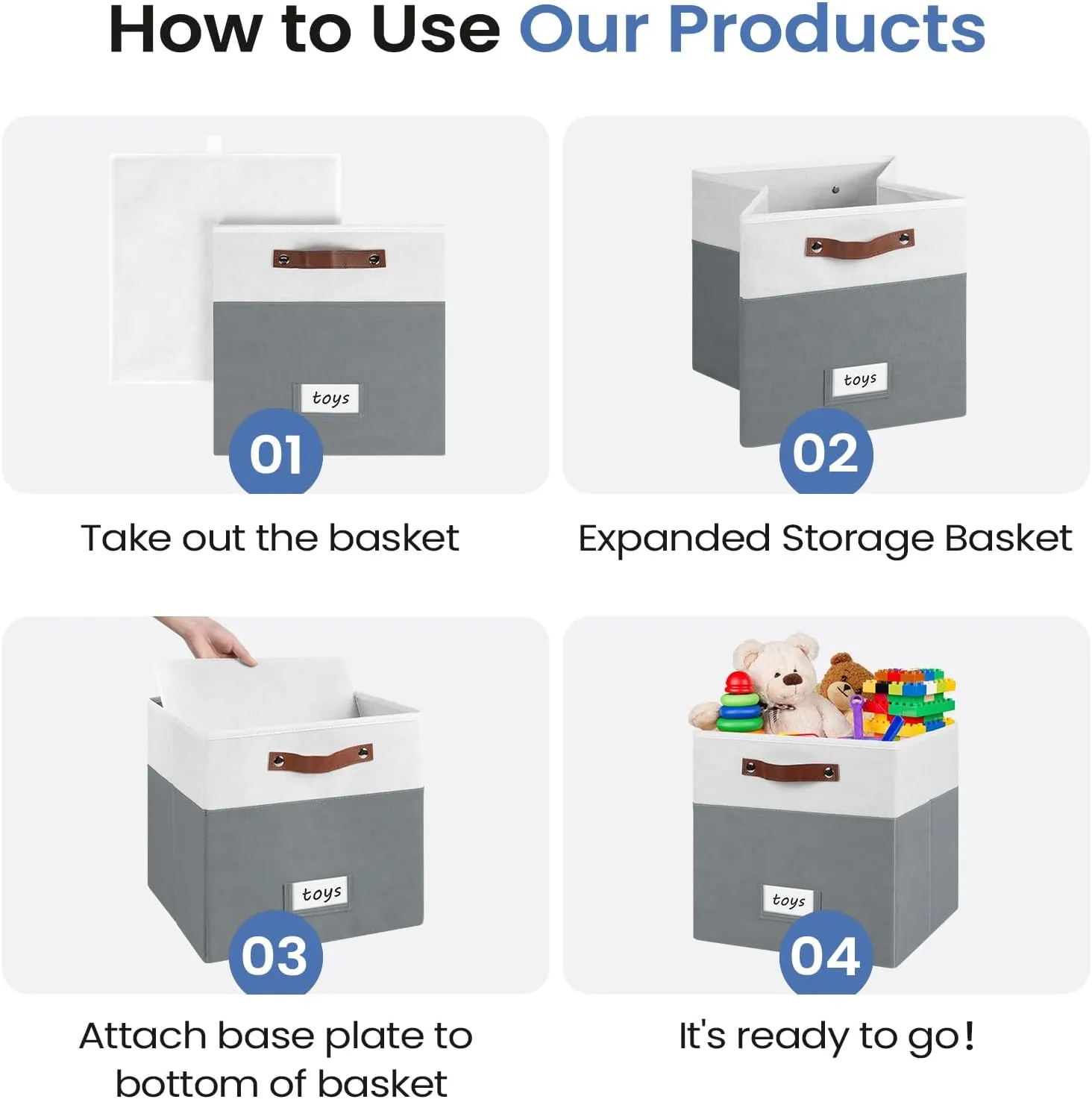 6-Pack Collapsible Fabric Storage Cubes with Handles & Label Holders, Closet Cube Home Organizer Bins (White/Dark Grey, 13 x 13 x 13 inch)