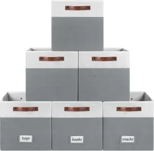 6-Pack Collapsible Fabric Storage Cubes with Handles & Label Holders, Closet Cube Home Organizer Bins (White/Dark Grey, 13 x 13 x 13 inch)