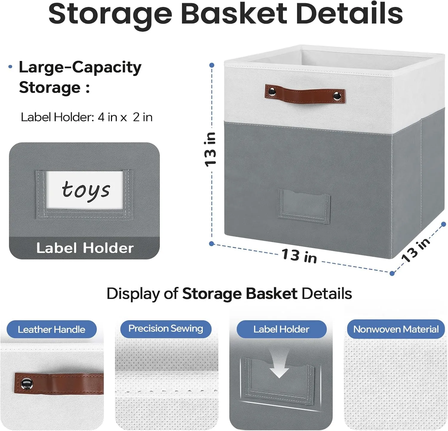 6-Pack Collapsible Fabric Storage Cubes with Handles & Label Holders, Closet Cube Home Organizer Bins (White/Dark Grey, 13 x 13 x 13 inch)