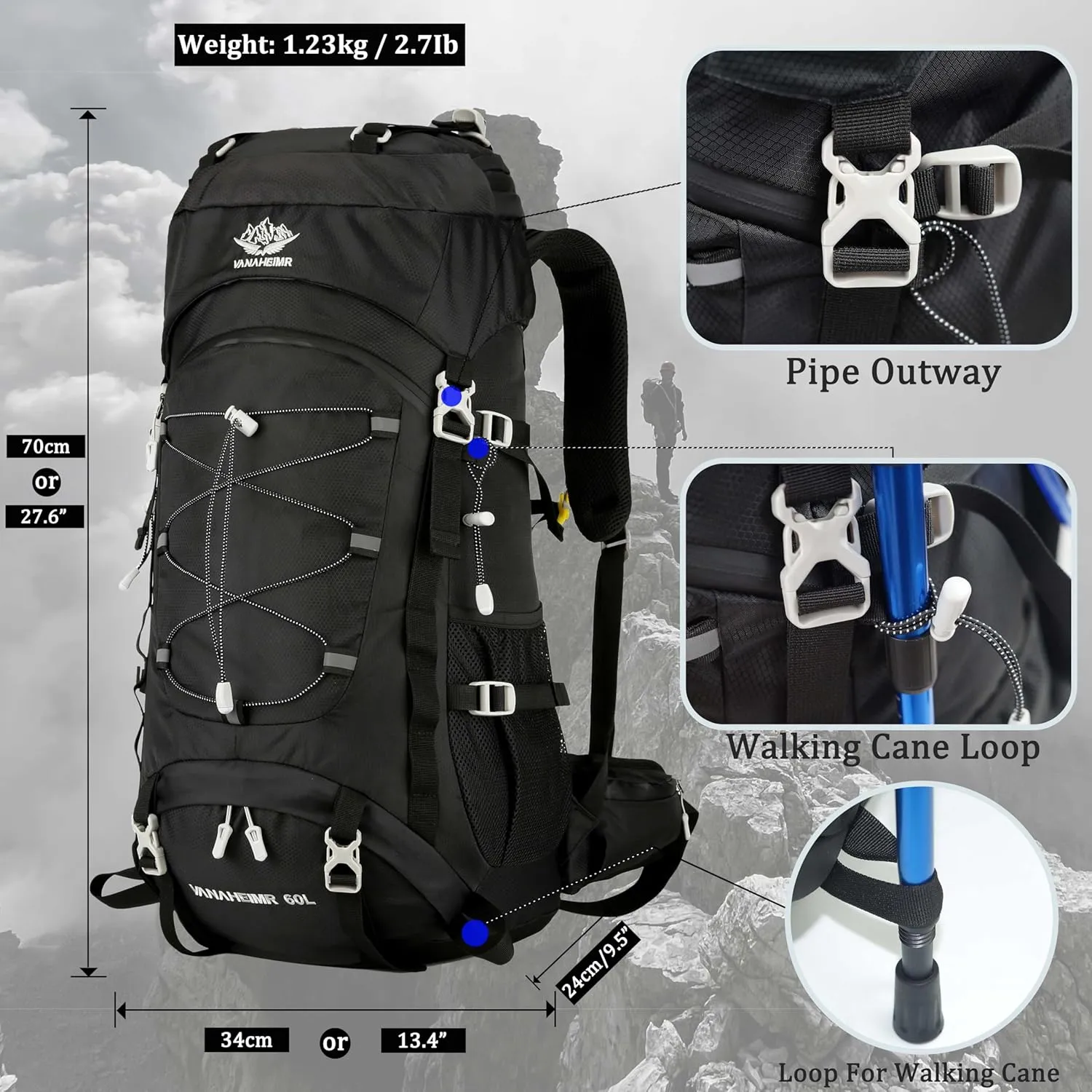 60L Travel Hiking Camping Backpack with Rain Cover, Backpack Water Resistant,Climbing Backpack for Men Women