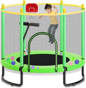 60" Trampoline for Kids & Toddlers with T-Handrail, 5FT Recreational Indoor/Outdoor Trampoline with Basketball Hoop & Ocean Ball