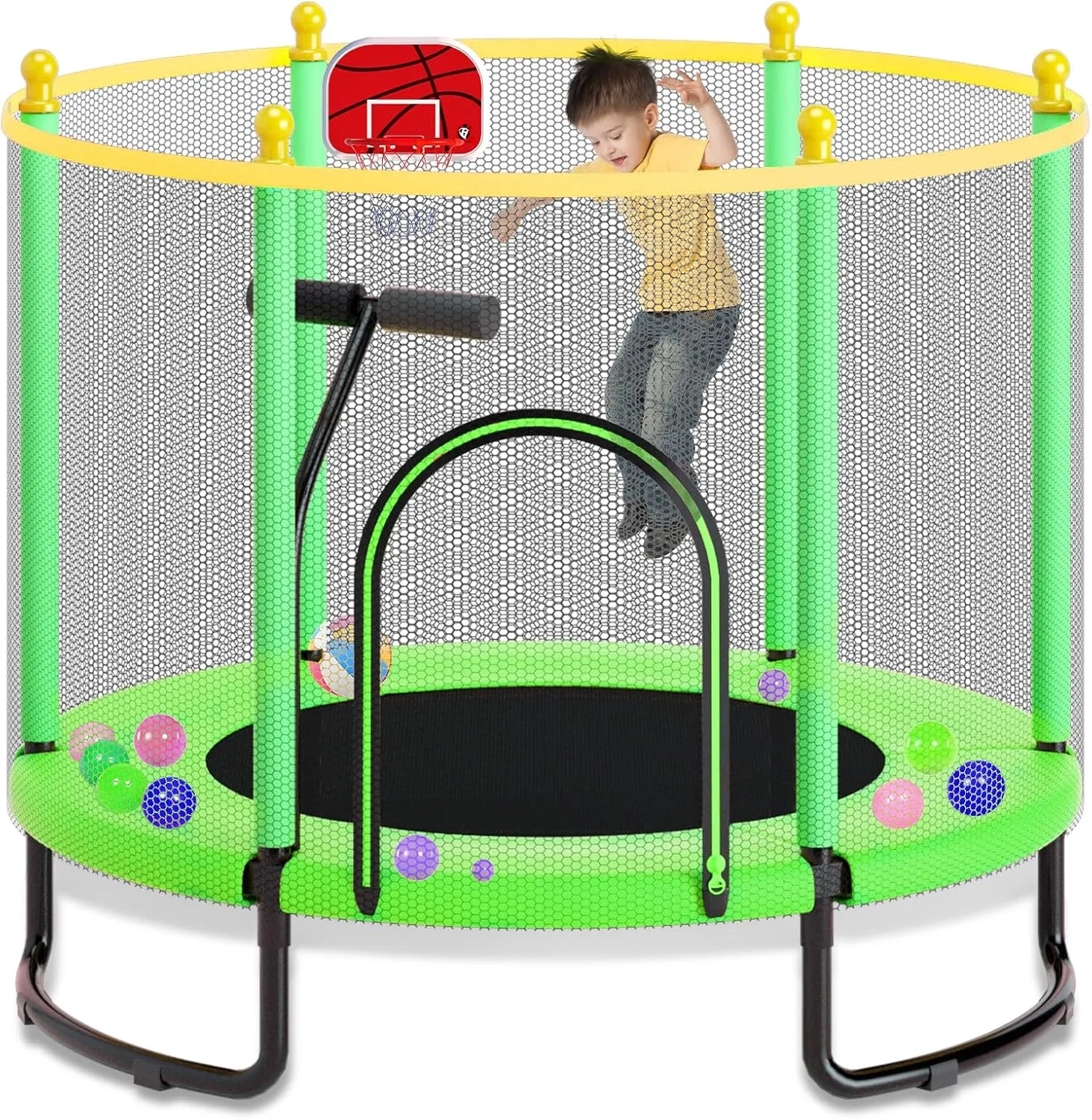 60" Trampoline for Kids & Toddlers with T-Handrail, 5FT Recreational Indoor/Outdoor Trampoline with Basketball Hoop & Ocean Ball