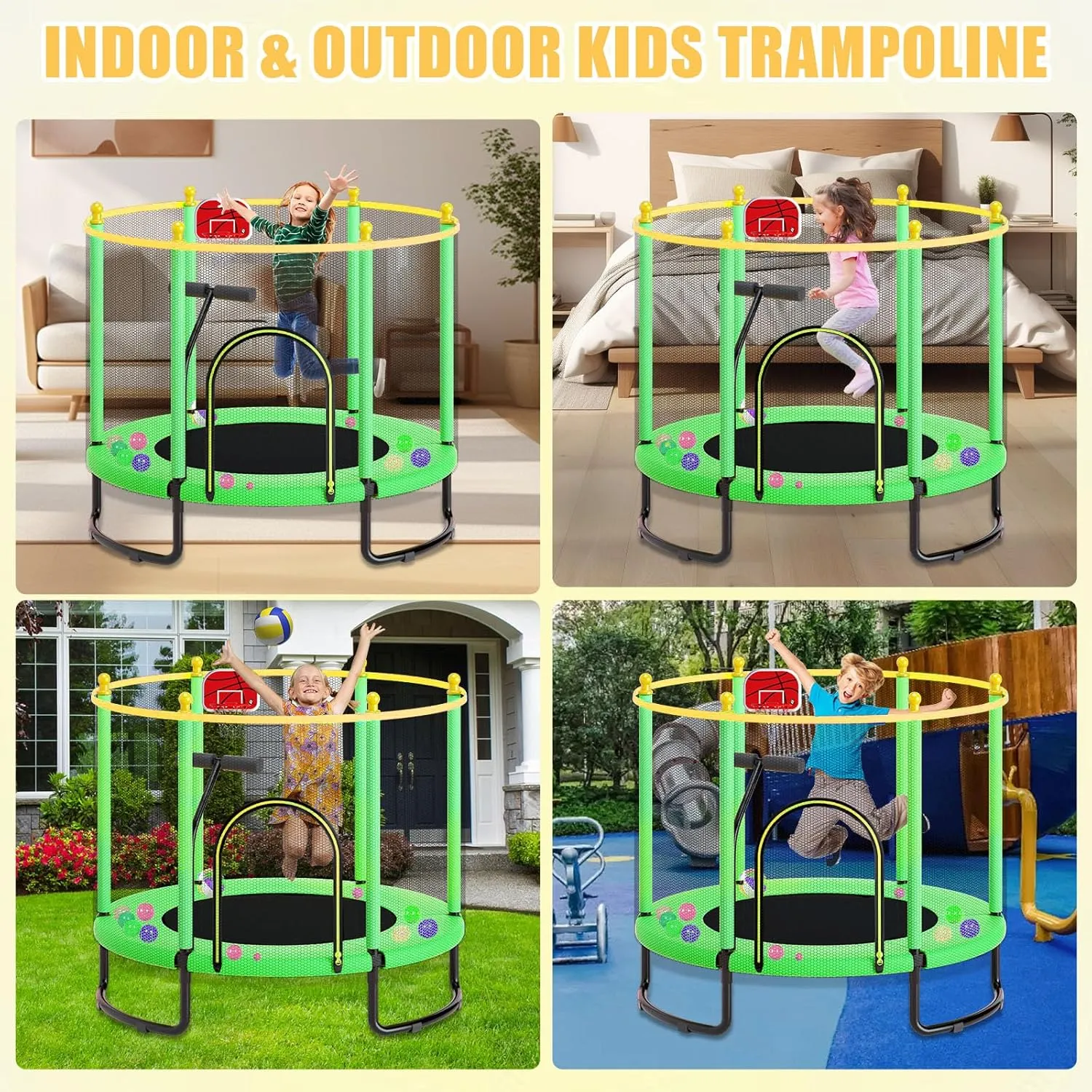 60" Trampoline for Kids & Toddlers with T-Handrail, 5FT Recreational Indoor/Outdoor Trampoline with Basketball Hoop & Ocean Ball