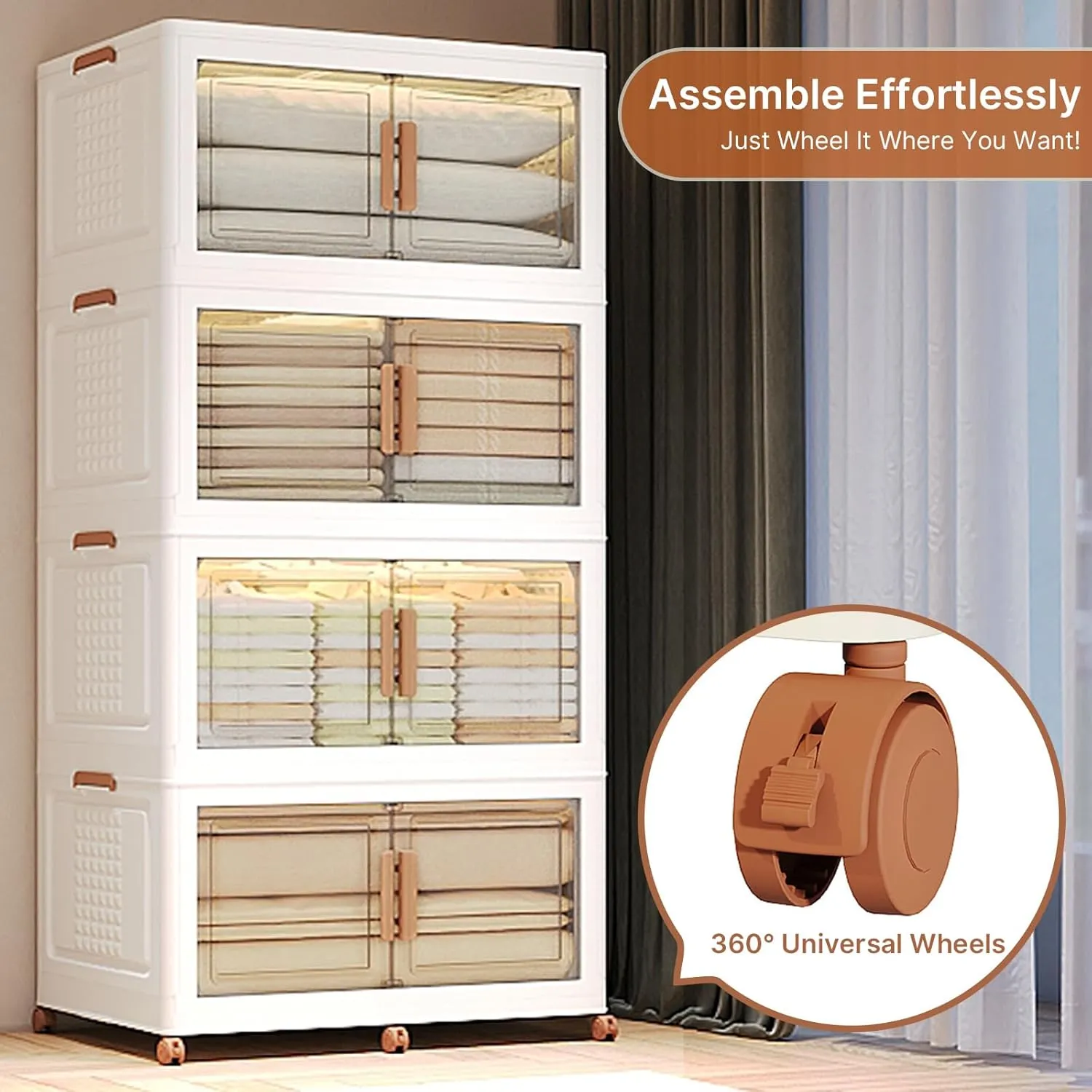 640Qt/160Gal Extra Large Stackable Storage Bins with Lids and Divider, 4Pack Collapsible Drawers with Doors, Foldable Cabinet with Wheels, Plastic Closet Organizers and Storage for Home, Dorm