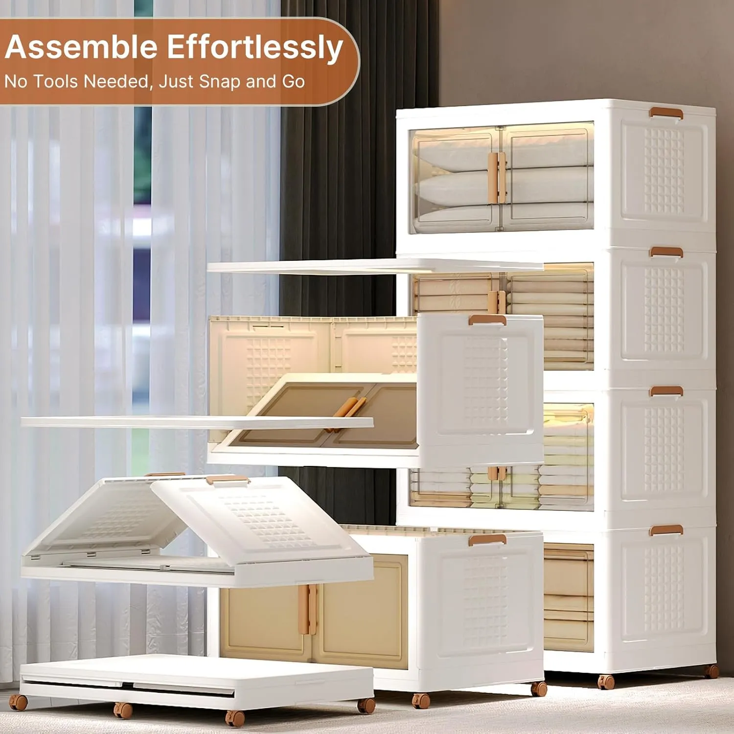640Qt/160Gal Extra Large Stackable Storage Bins with Lids and Divider, 4Pack Collapsible Drawers with Doors, Foldable Cabinet with Wheels, Plastic Closet Organizers and Storage for Home, Dorm
