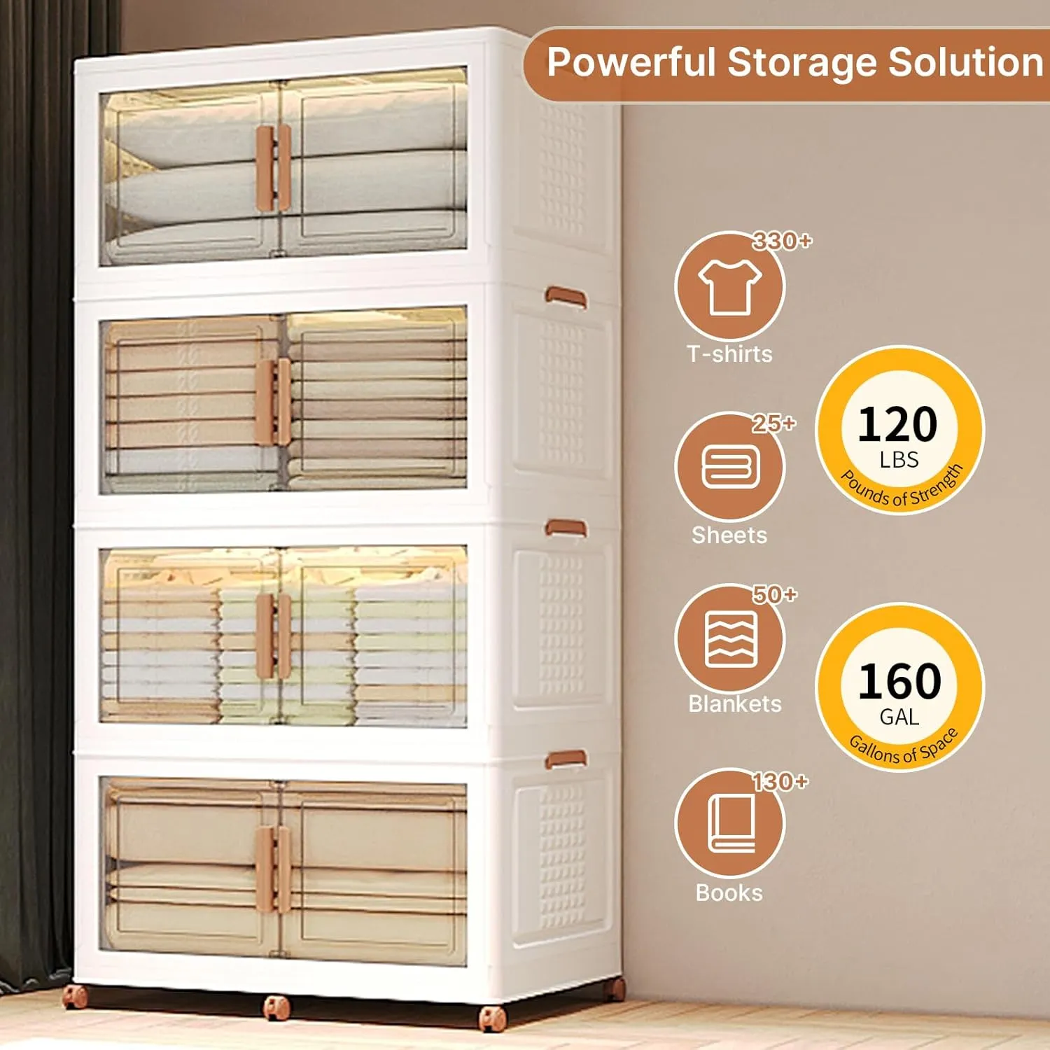 640Qt/160Gal Extra Large Stackable Storage Bins with Lids and Divider, 4Pack Collapsible Drawers with Doors, Foldable Cabinet with Wheels, Plastic Closet Organizers and Storage for Home, Dorm