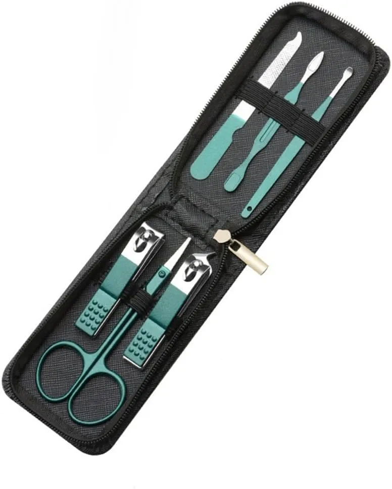 6Pcs Portable Household Manicure Sets Pedicure Tools Nail Clipper Personal Care Kits Eyebrow Scissors Earpick Black Blue Green,01