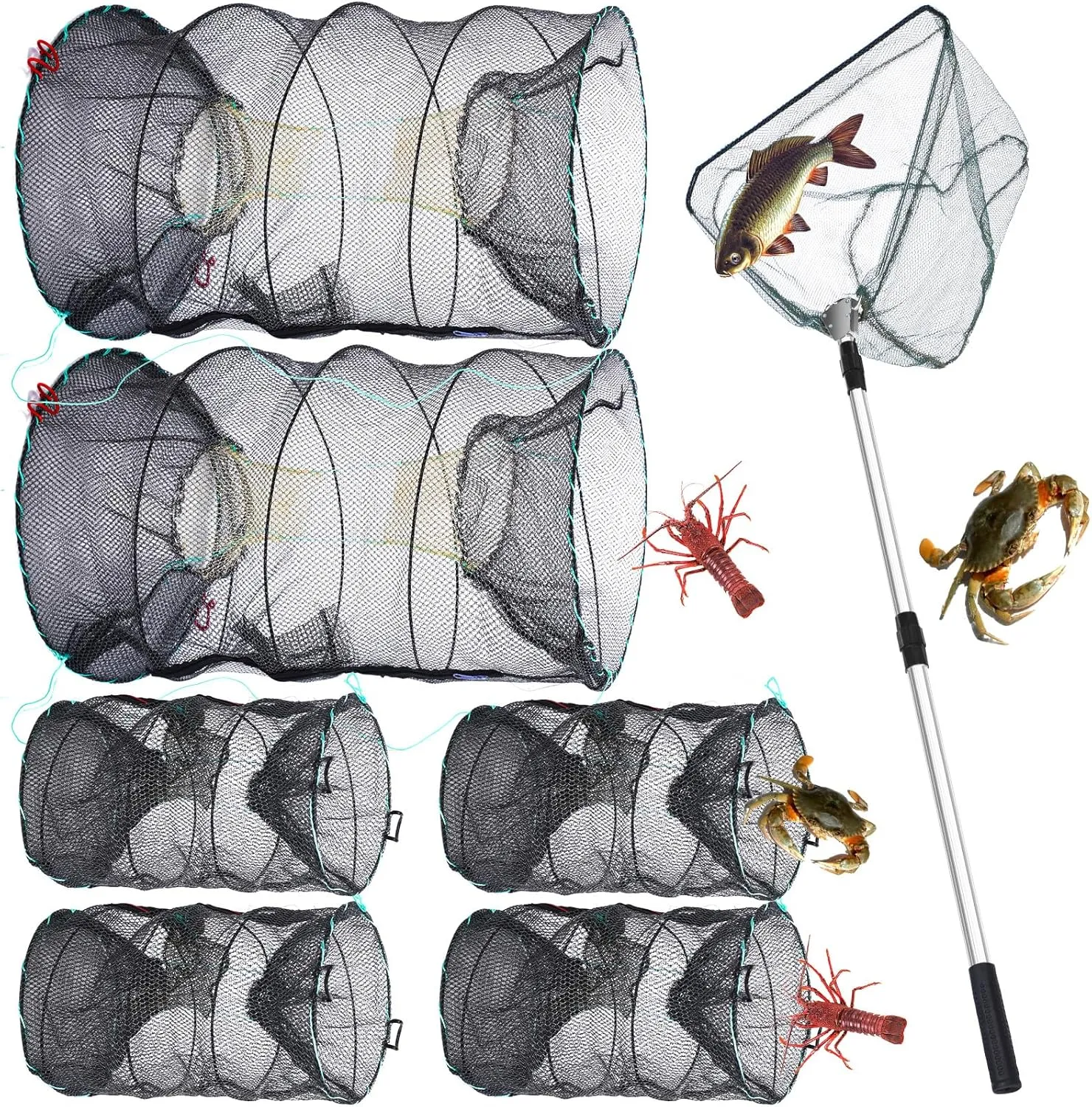 7 Pcs Fish Trap Minnow Trap Crab Trap Crawfish Trap Lobster Trap and Portable Folded Fishing Accessories 60 Inch Fishing Landing Net for Fishing