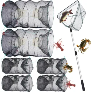 7 Pcs Fish Trap Minnow Trap Crab Trap Crawfish Trap Lobster Trap and Portable Folded Fishing Accessories 60 Inch Fishing Landing Net for Fishing