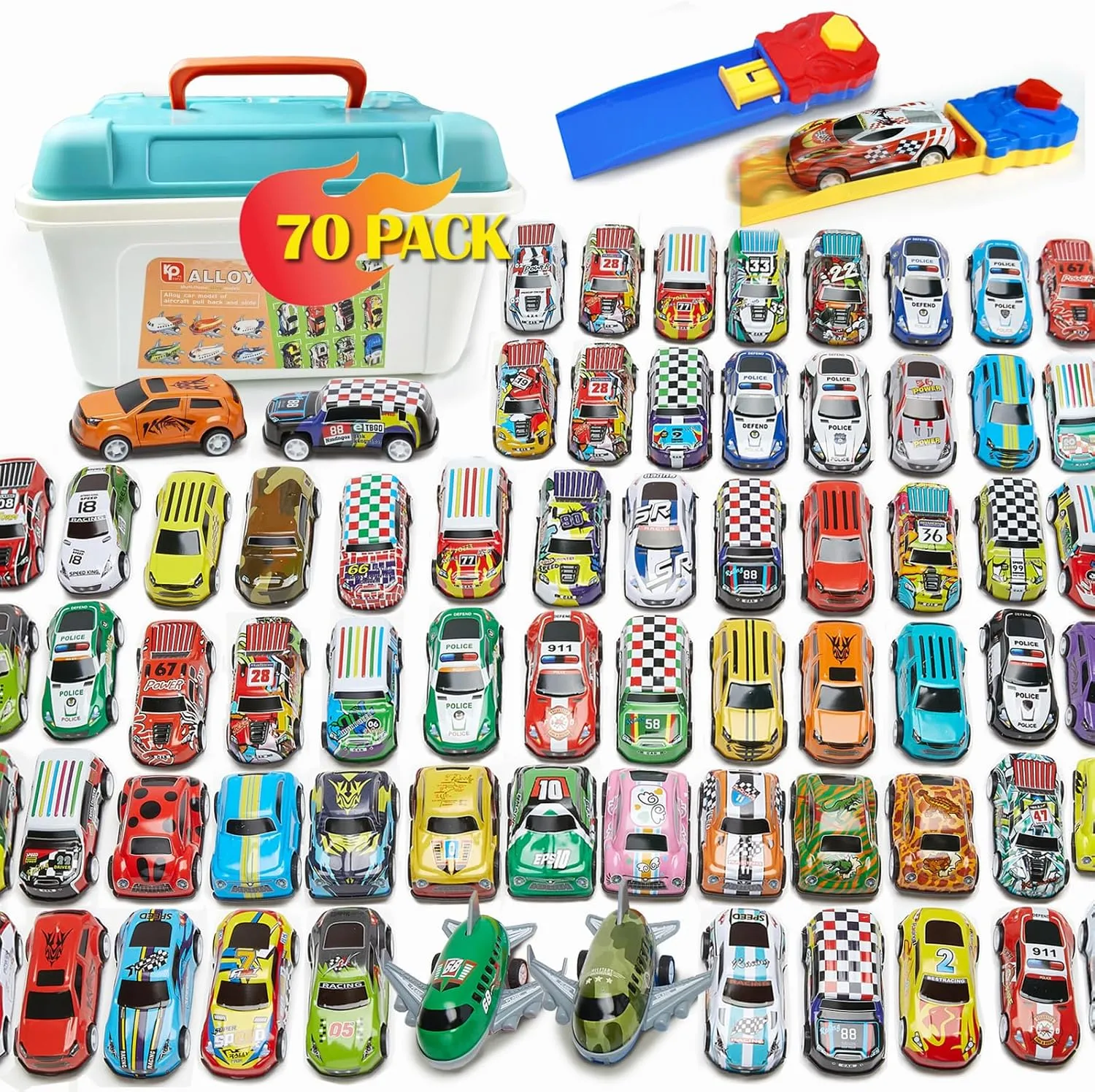 70 PCS Pull Back Toy Cars, Mini Race Cars Toys with Launcher & Map, Bulk Small Vehicles Toys for Kids Party Favors, Carnival Prizes, Pinata Fillers 3  (70 Pack)