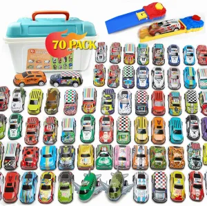 70 PCS Pull Back Toy Cars, Mini Race Cars Toys with Launcher & Map, Bulk Small Vehicles Toys for Kids Party Favors, Carnival Prizes, Pinata Fillers 3  (70 Pack)