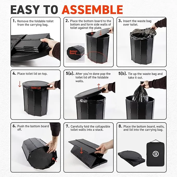 72HRS Portable Collapsible Toilet for Camping, 15.8" Extra Large Camping Toilets Portable Potty, Lightweight and Sturdy, Camp Toilet (With 12 Toilet Bags & 10 Toilet Powers)