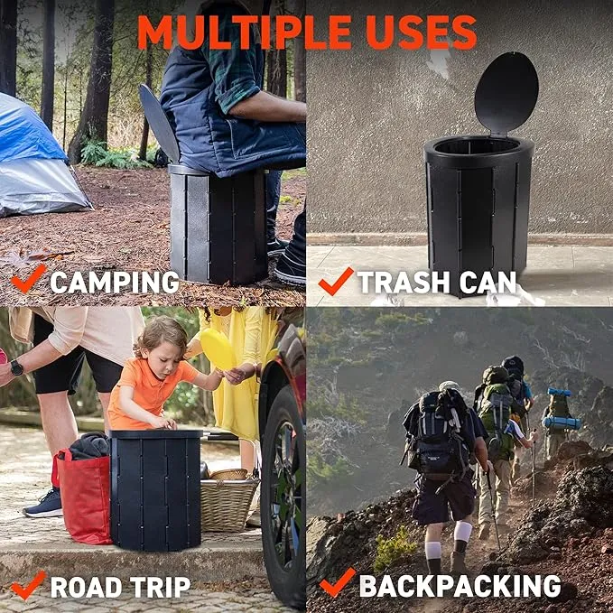 72HRS Portable Collapsible Toilet for Camping, 15.8" Extra Large Camping Toilets Portable Potty, Lightweight and Sturdy, Camp Toilet (With 12 Toilet Bags & 10 Toilet Powers)