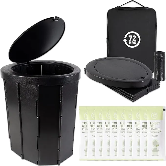 72HRS Portable Collapsible Toilet for Camping, 15.8" Extra Large Camping Toilets Portable Potty, Lightweight and Sturdy, Camp Toilet (With 12 Toilet Bags & 10 Toilet Powers)