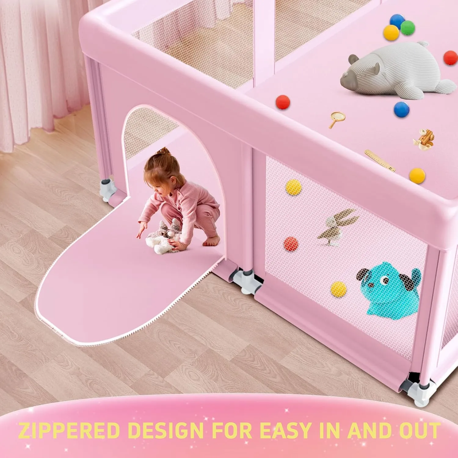 74" ×50" Large Baby Playpen, Baby Play Pen for Babies and Toddlers, Playard for Indoor & Outdoor, Sturdy Safety Play Yard with Soft Breathable Mesh, Anti-Fall, Pink