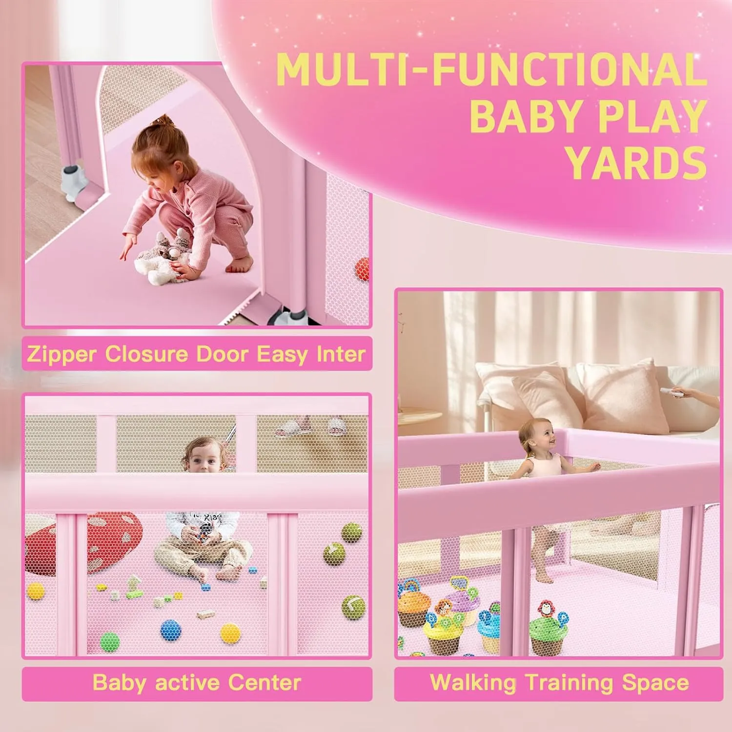 74" ×50" Large Baby Playpen, Baby Play Pen for Babies and Toddlers, Playard for Indoor & Outdoor, Sturdy Safety Play Yard with Soft Breathable Mesh, Anti-Fall, Pink