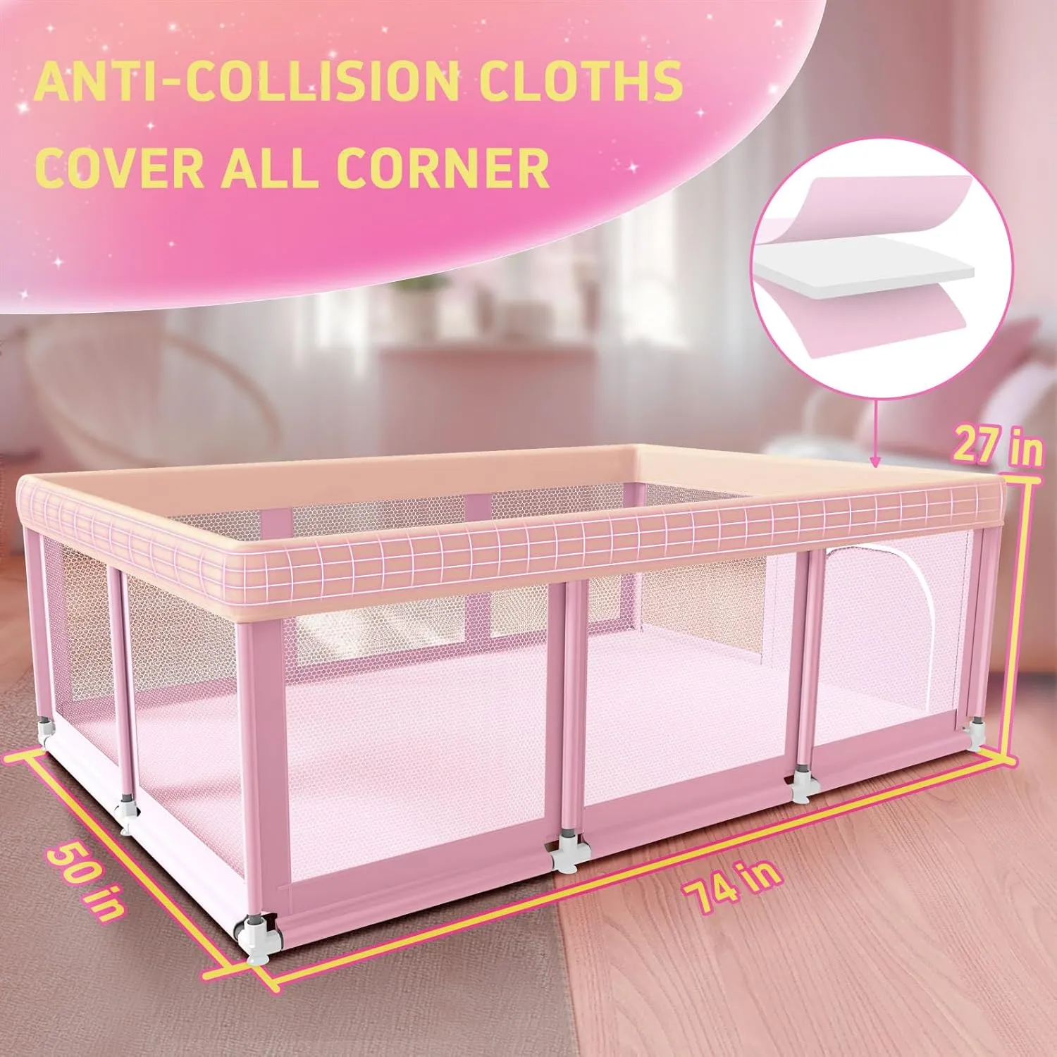 74" ×50" Large Baby Playpen, Baby Play Pen for Babies and Toddlers, Playard for Indoor & Outdoor, Sturdy Safety Play Yard with Soft Breathable Mesh, Anti-Fall, Pink