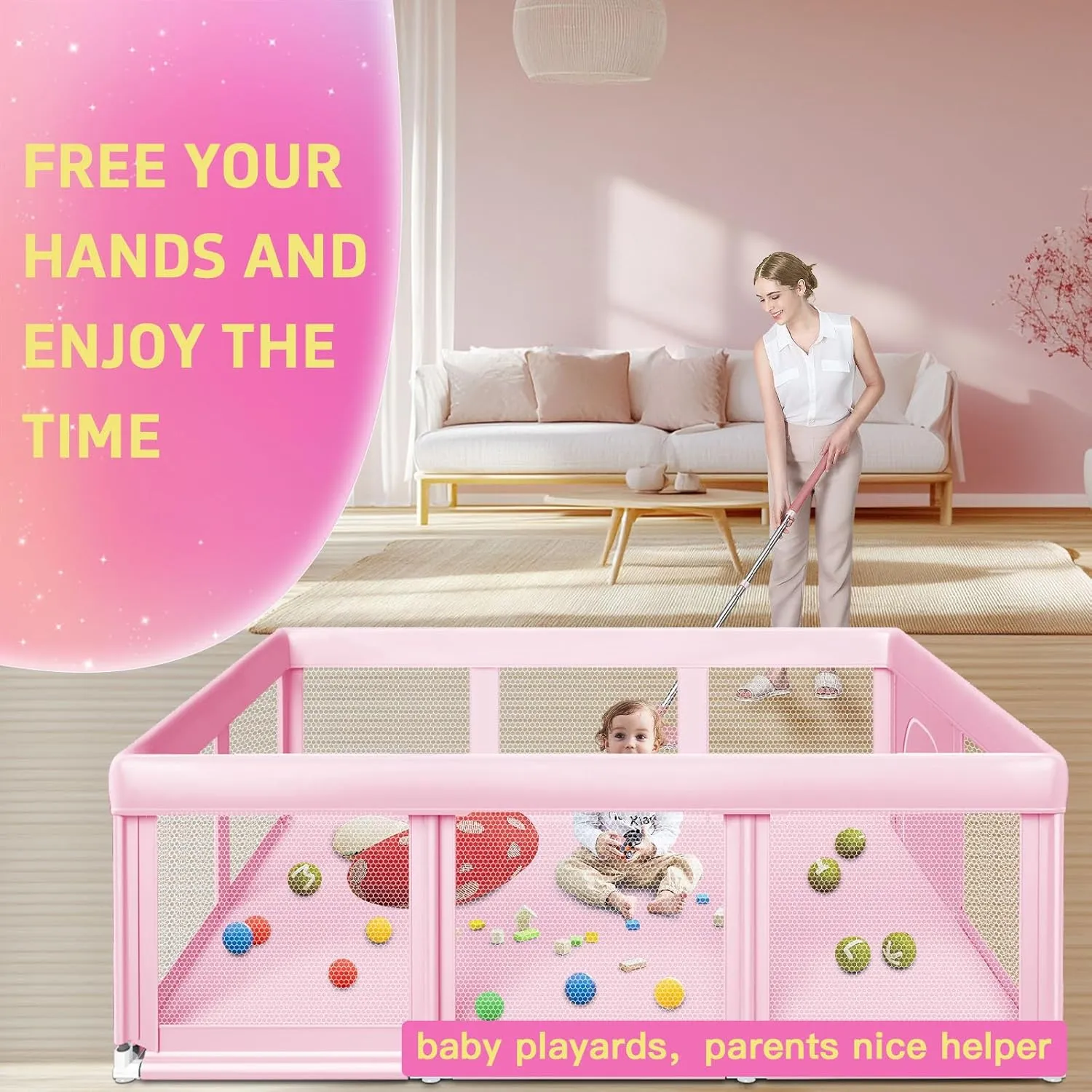 74" ×50" Large Baby Playpen, Baby Play Pen for Babies and Toddlers, Playard for Indoor & Outdoor, Sturdy Safety Play Yard with Soft Breathable Mesh, Anti-Fall, Pink