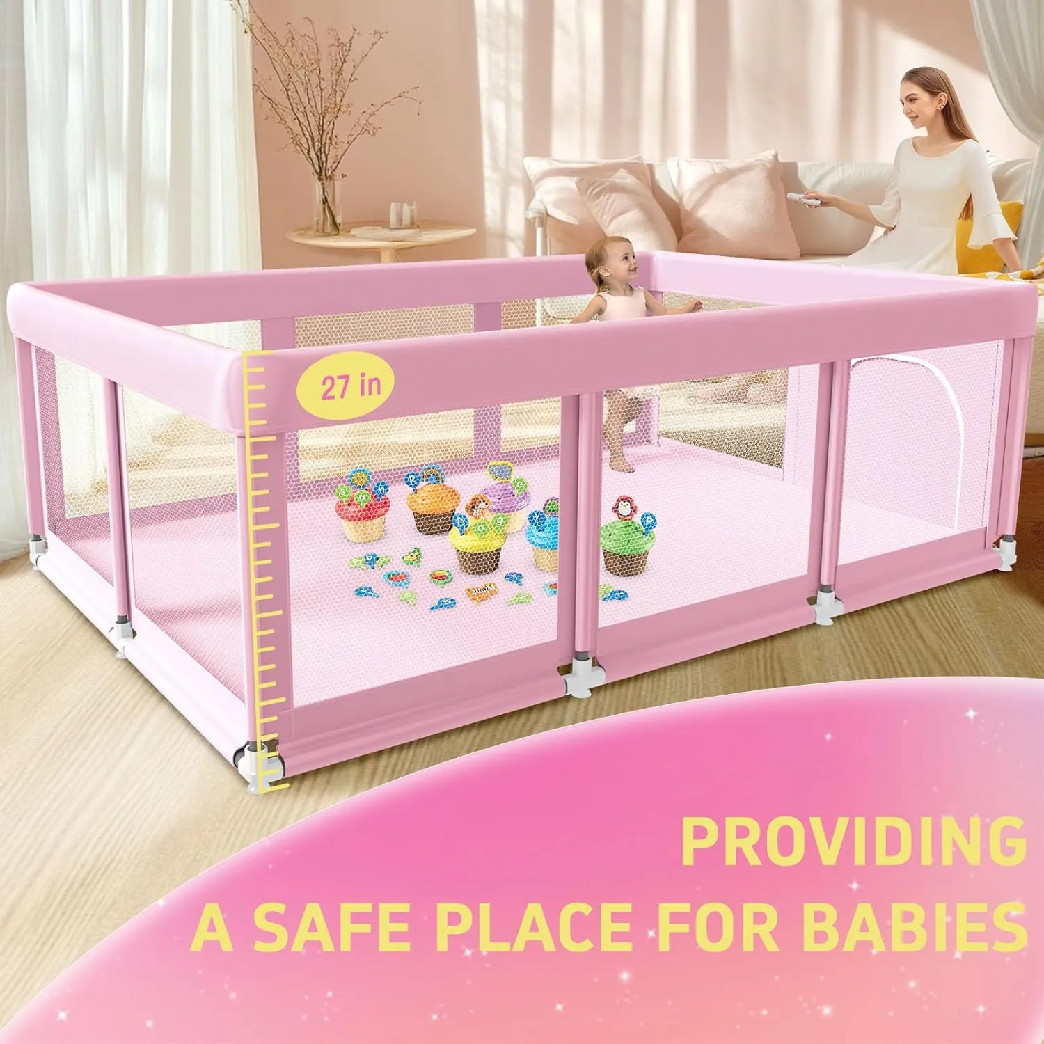 74" ×50" Large Baby Playpen, Baby Play Pen for Babies and Toddlers, Playard for Indoor & Outdoor, Sturdy Safety Play Yard with Soft Breathable Mesh, Anti-Fall, Pink
