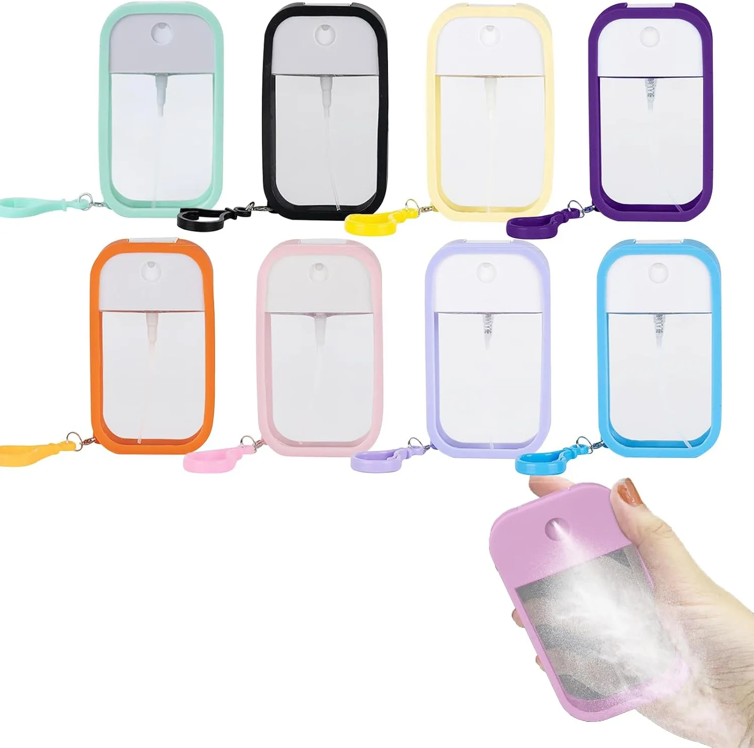 8 Pieces Refillable Spray Bottle,50ml square Spray Bottles,with Silicone Case Keyring,Empty Spray Bottles For Travel. (multicolor)