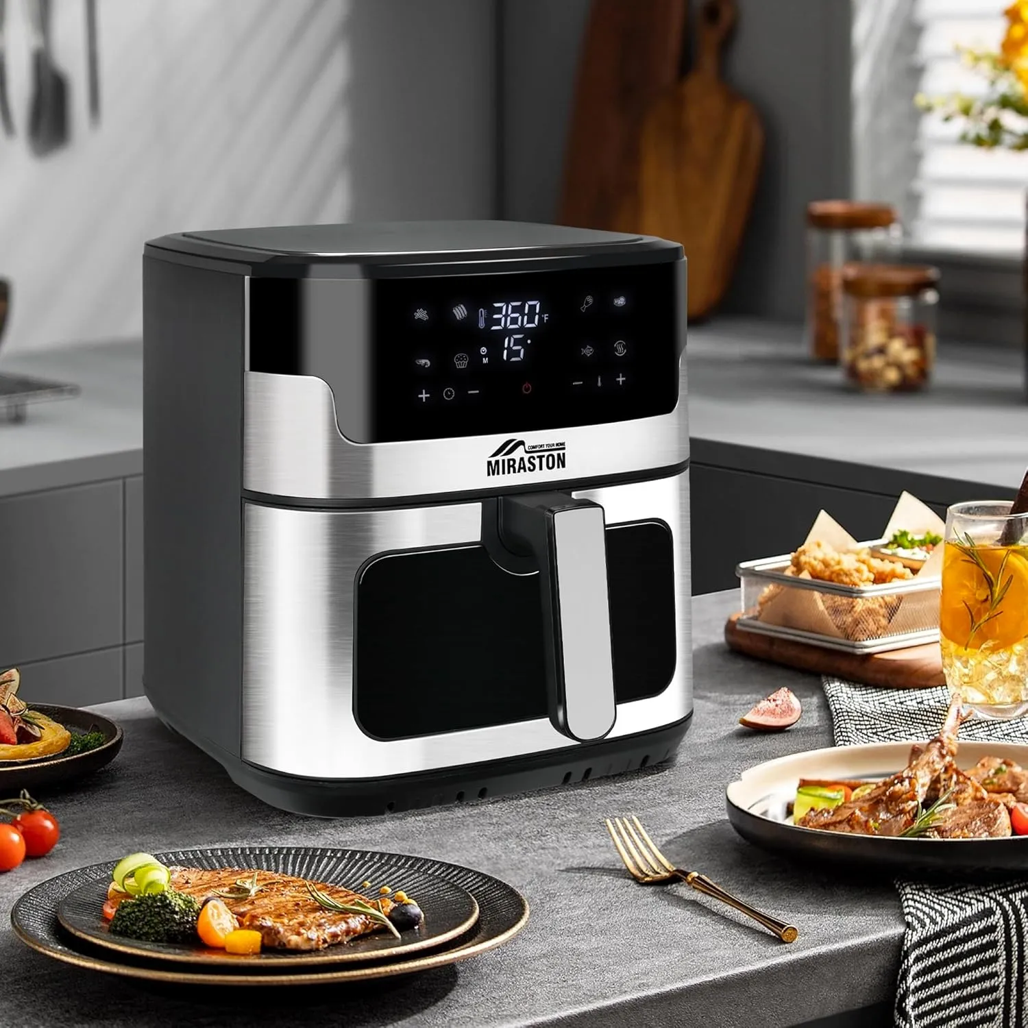 8.5QT Air Fryer, Family Size Digital Air Fryers, Nonstick Square Basket, Smart Touchscreen with 8-Preset, Air Frying, Reheat Leftovers, Party Food, Fast Cooking, Dishwasher-Safe, for Kitchen