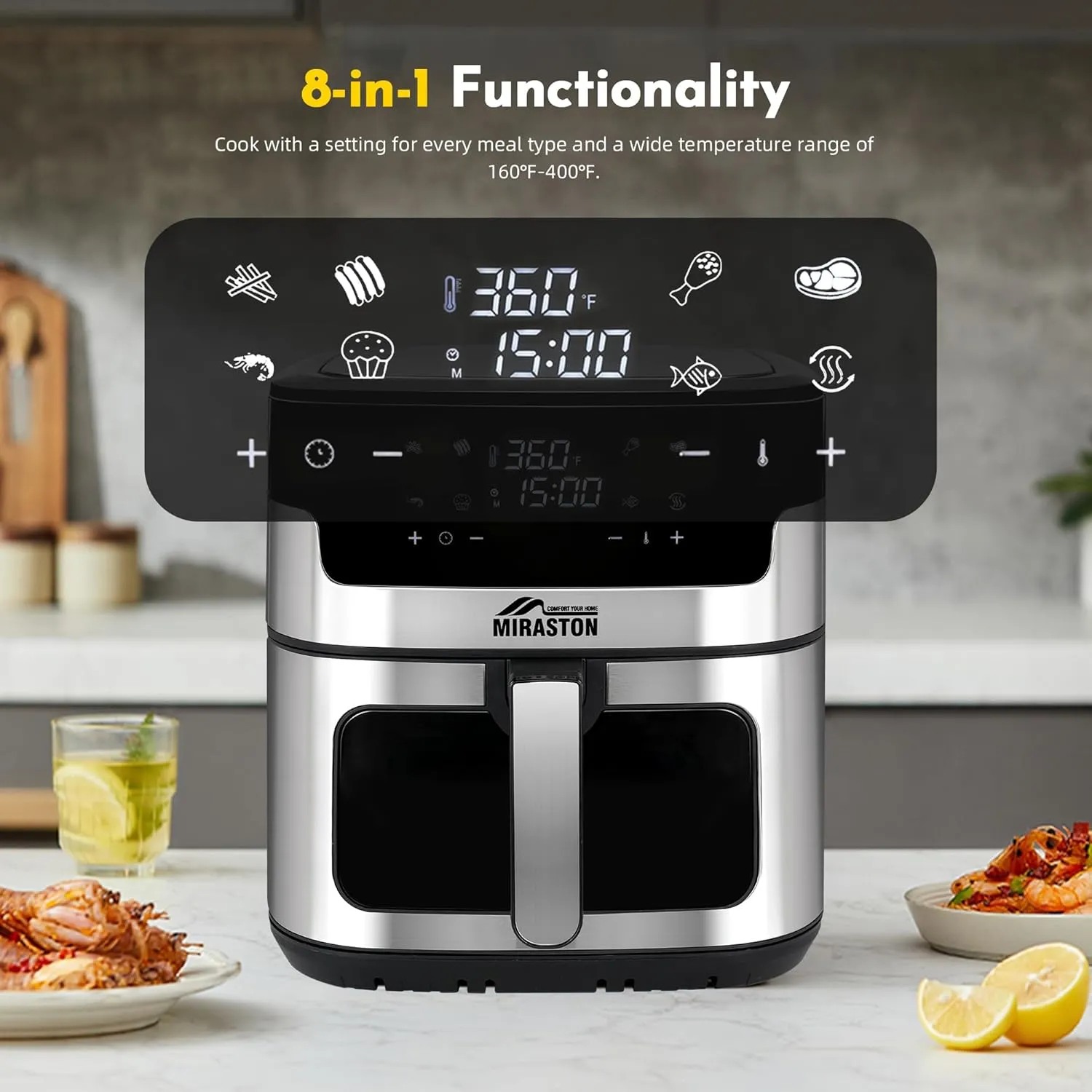 8.5QT Air Fryer, Family Size Digital Air Fryers, Nonstick Square Basket, Smart Touchscreen with 8-Preset, Air Frying, Reheat Leftovers, Party Food, Fast Cooking, Dishwasher-Safe, for Kitchen