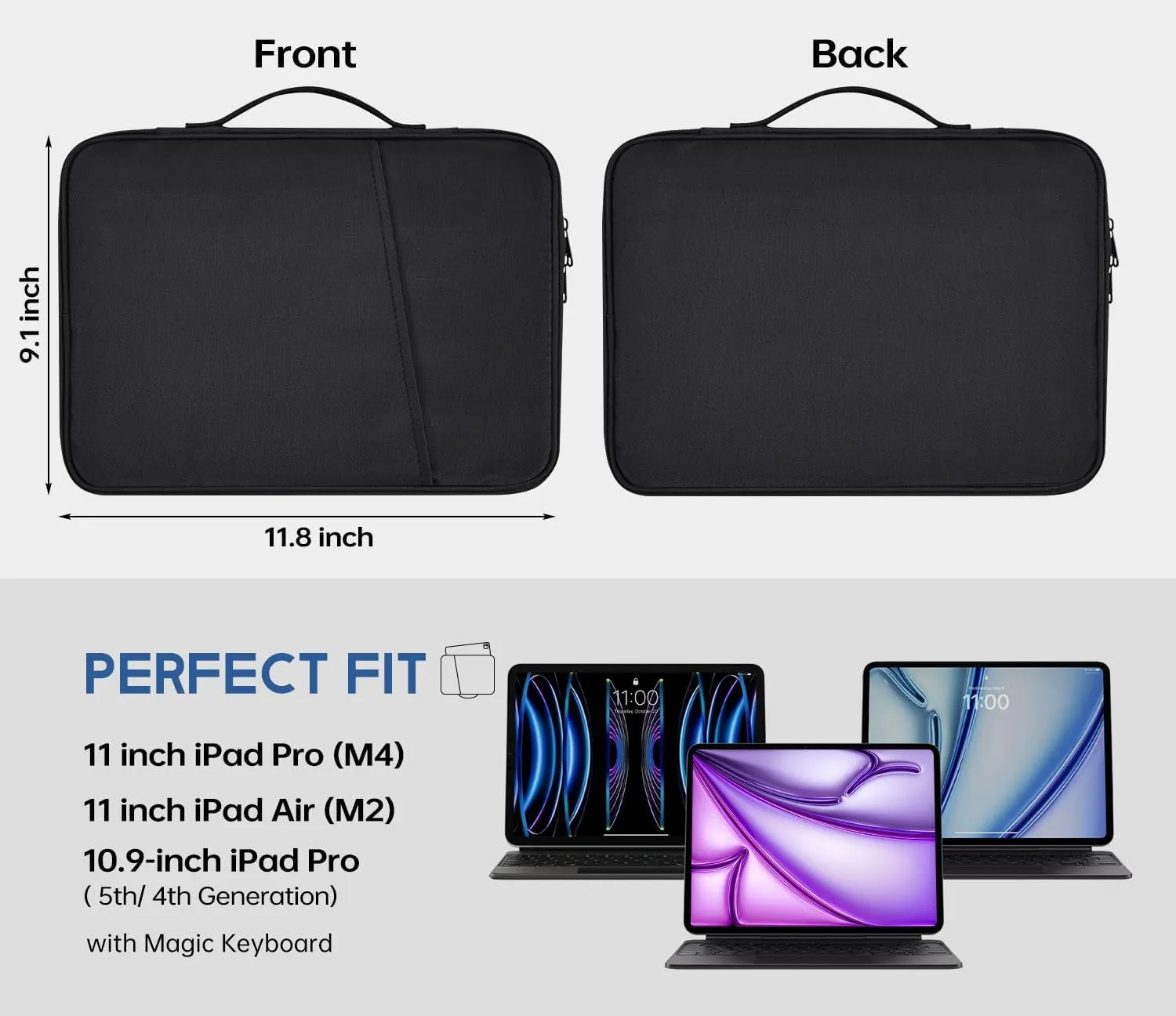 9-11 inch iPad Sleeve Case, Padded Travel Carrying Bag for 11-inch iPad Pro M4 & iPad Air M2 M3(2025) with Magic Keyboard, iPad 11-in A16 Shockproof Handle Bag Cover w/Accessory Pocket -Black