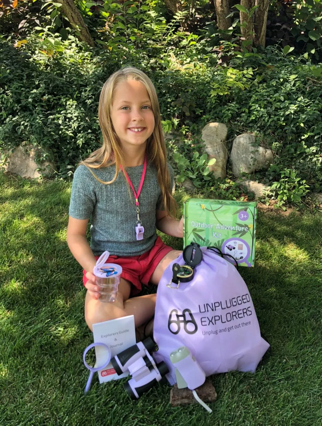 9 Piece Kids Outdoor Explorer Kit- Backpack, Binoculars, Flashlight, Compass, Bug Collector, Whistle, Magnifying Glass, and Journal. Boy/Girl STEM (Purple)
