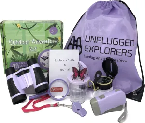 9 Piece Kids Outdoor Explorer Kit- Backpack, Binoculars, Flashlight, Compass, Bug Collector, Whistle, Magnifying Glass, and Journal. Boy/Girl STEM (Purple)