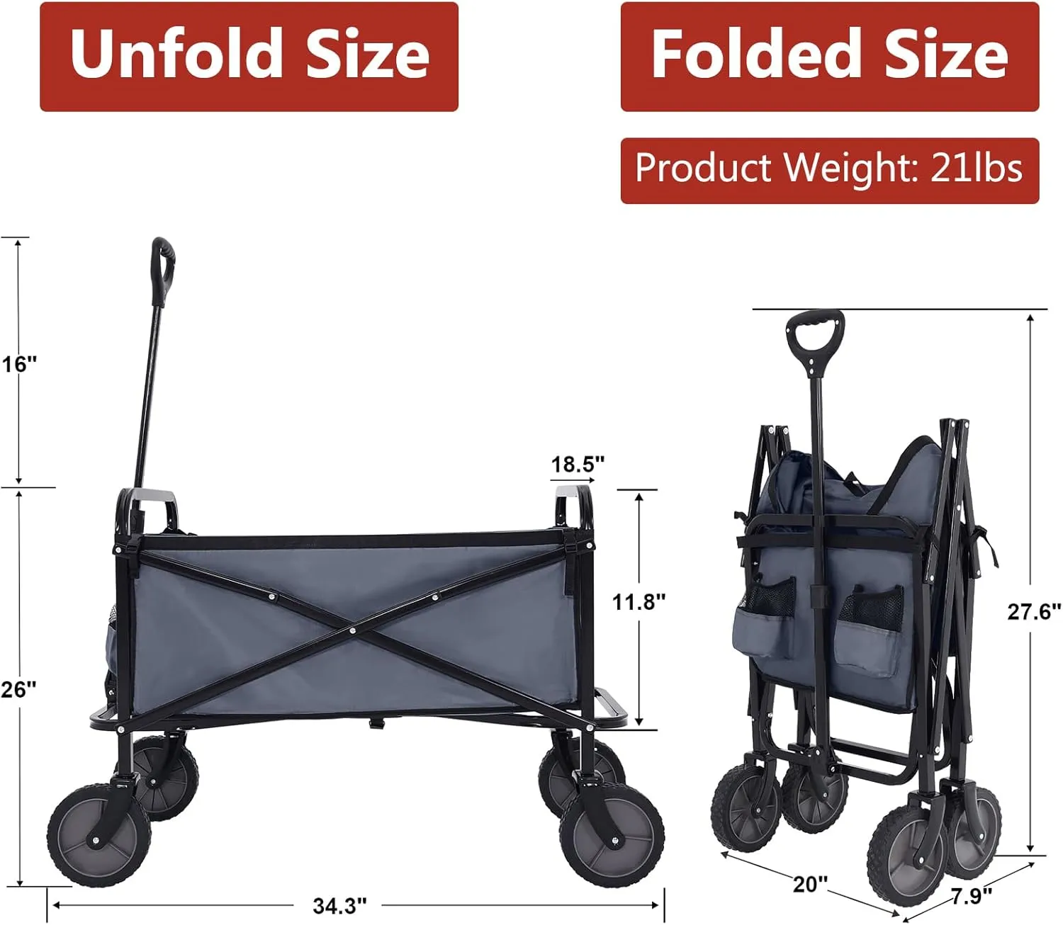 ABCCANOPY Collapsible Wagon for Shopping Sports,120L Folding Grocery Cart with Wheels for Outdoor Garden Camping,Dark Gray