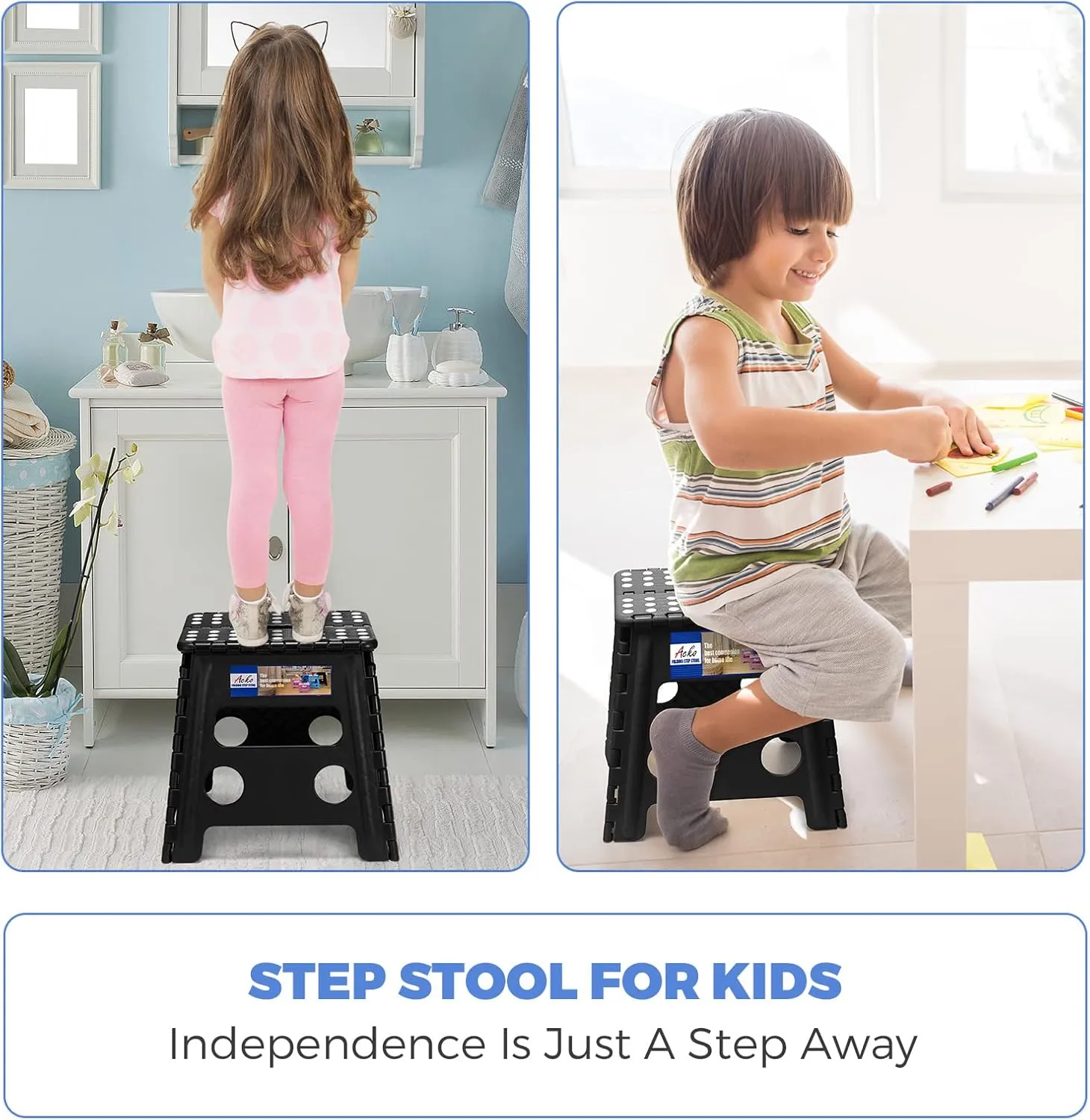 ACKO 2PACK Folding Step Stool - 13" Height Premium Heavy Duty Foldable Stool for Kids and Adults, Kitchen Garden Bathroom Stepping Stool (Black, 2PACK)