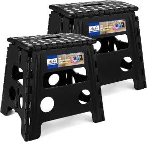 ACKO 2PACK Folding Step Stool - 13" Height Premium Heavy Duty Foldable Stool for Kids and Adults, Kitchen Garden Bathroom Stepping Stool (Black, 2PACK)