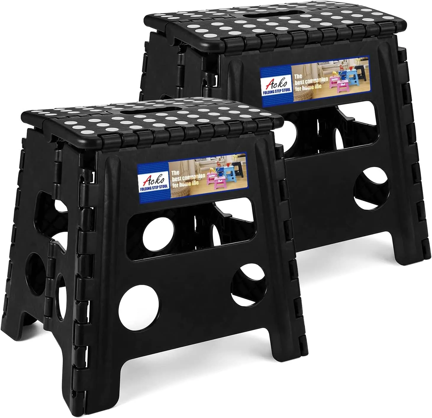 ACKO 2PACK Folding Step Stool - 13" Height Premium Heavy Duty Foldable Stool for Kids and Adults, Kitchen Garden Bathroom Stepping Stool (Black, 2PACK)
