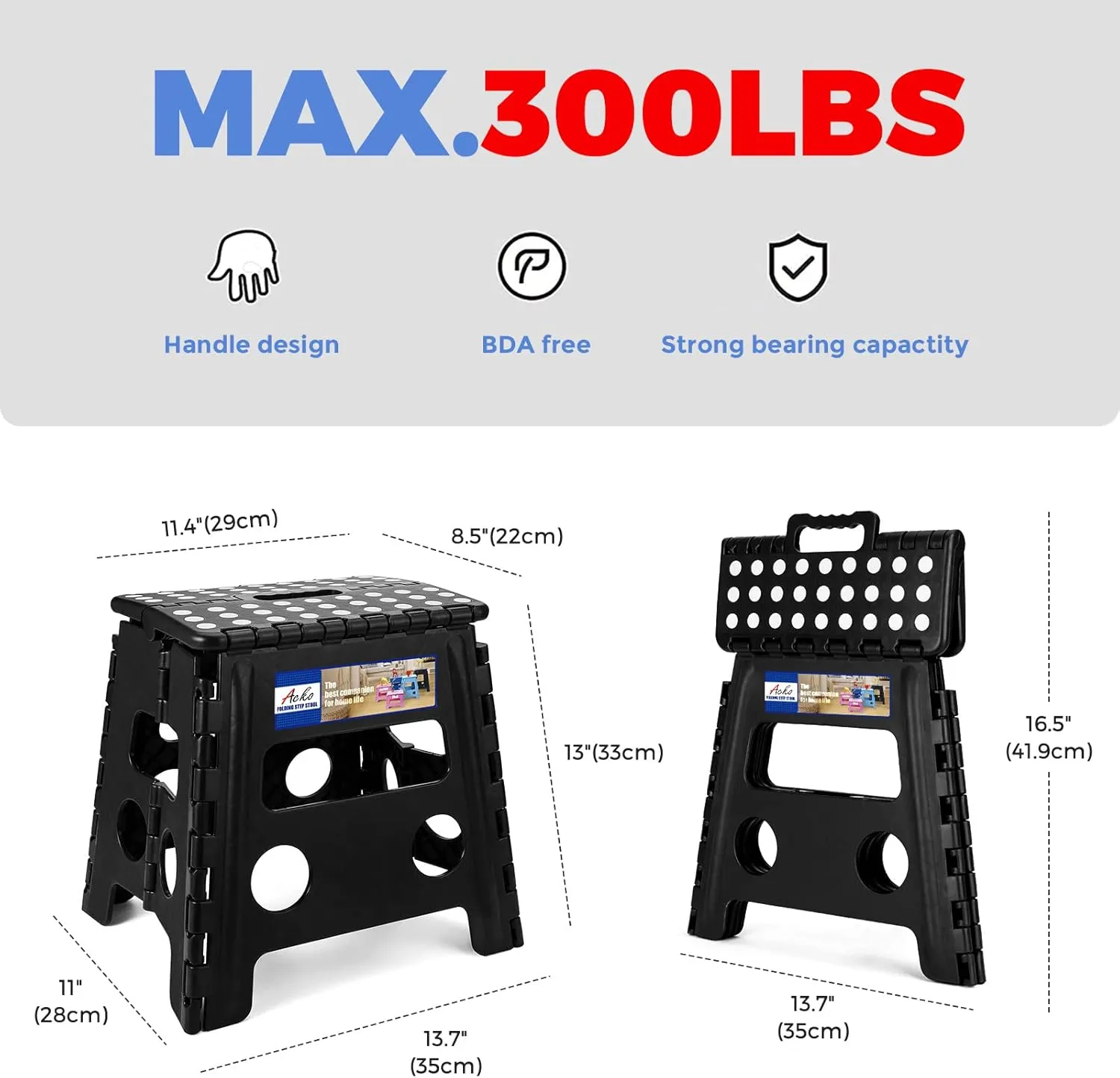 ACKO 2PACK Folding Step Stool - 13" Height Premium Heavy Duty Foldable Stool for Kids and Adults, Kitchen Garden Bathroom Stepping Stool (Black, 2PACK)