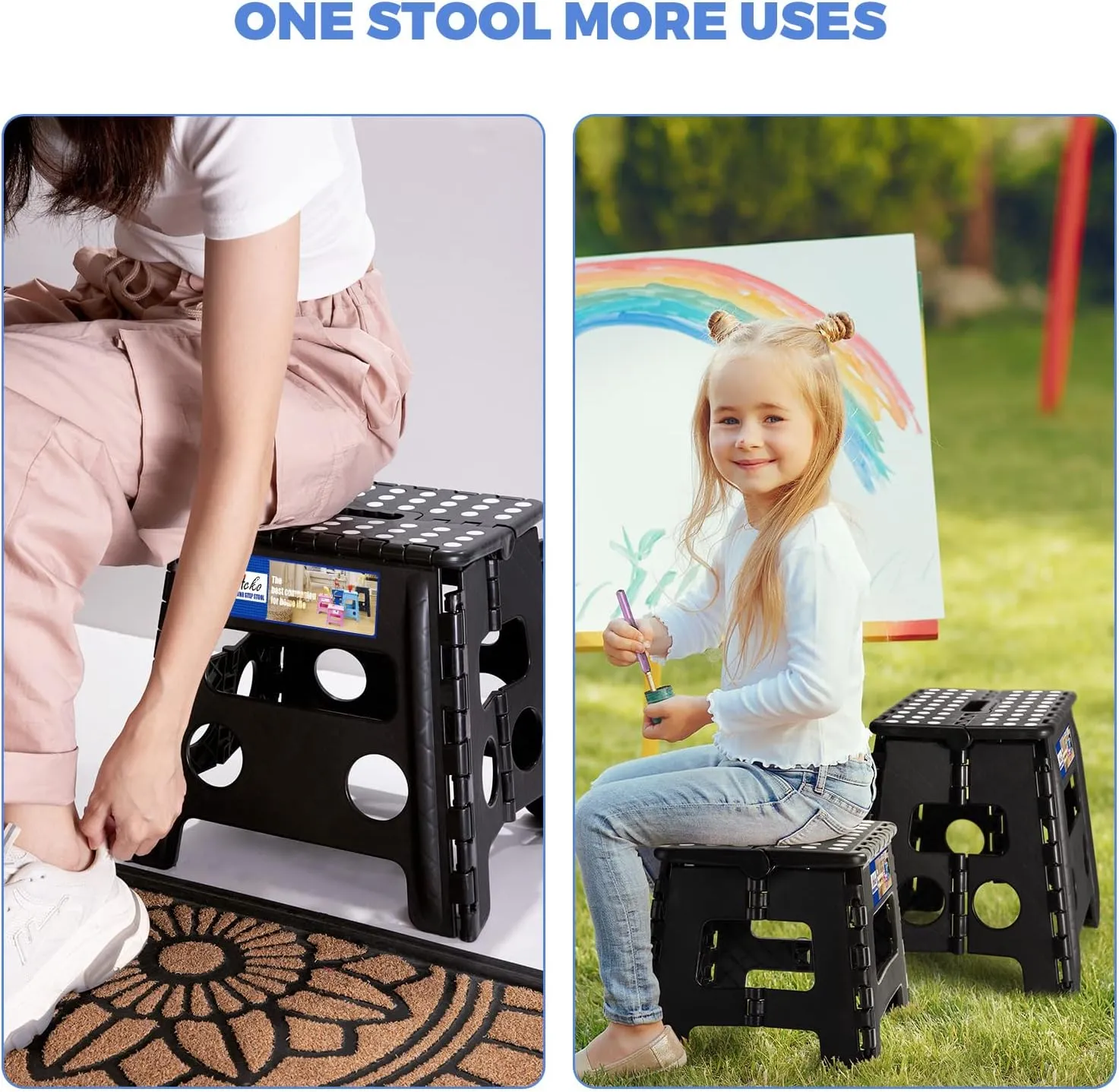 ACKO 2PACK Folding Step Stool - 13" Height Premium Heavy Duty Foldable Stool for Kids and Adults, Kitchen Garden Bathroom Stepping Stool (Black, 2PACK)